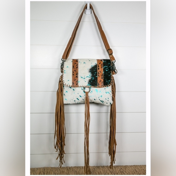 Myra Bag Handbags - Cross Body Country Western Fringe Blue NFR Tooled Leather Bag Purse cowgirl